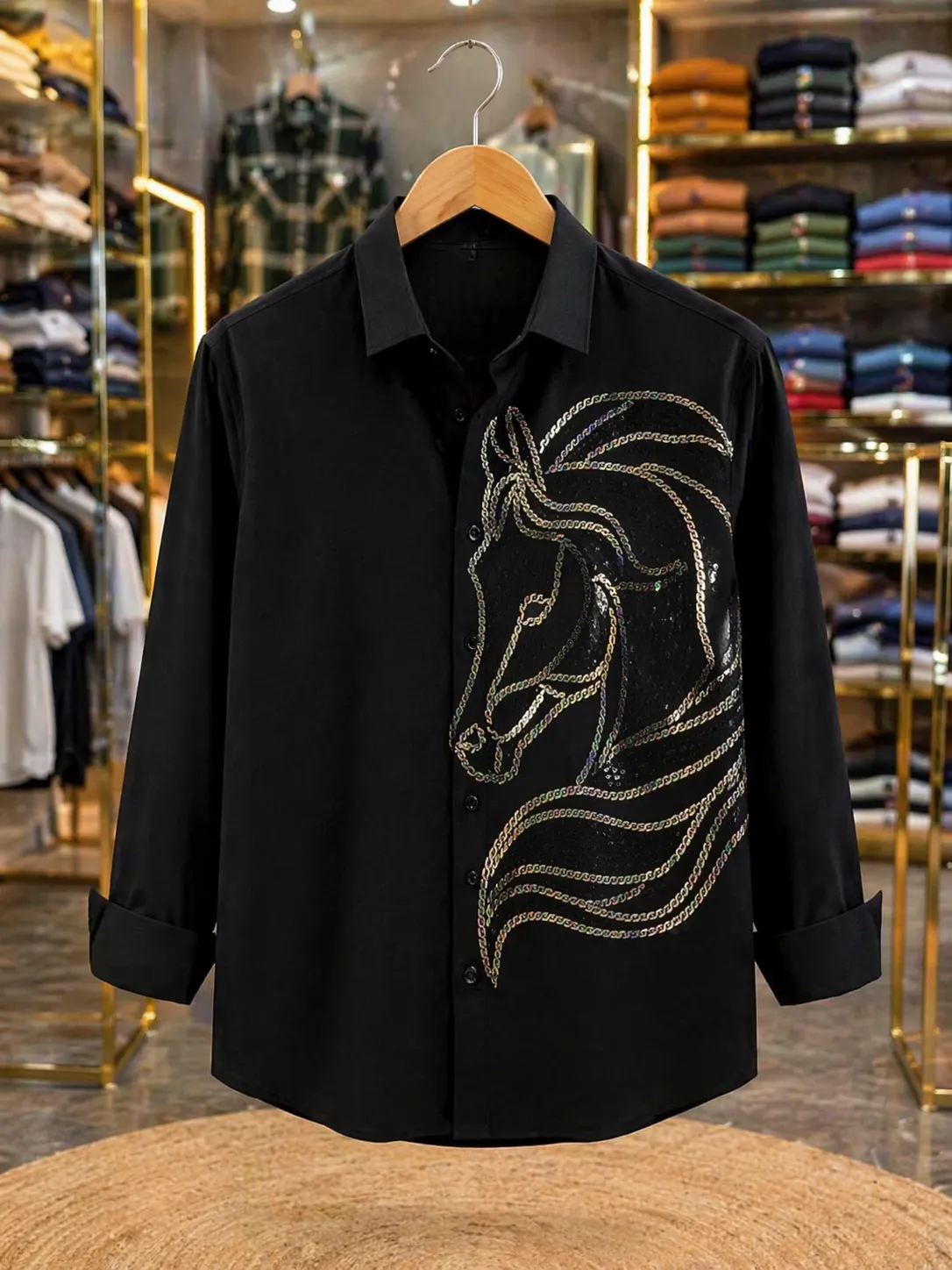 Men's Black Shirt with Silver Sequin Horse Embroidery